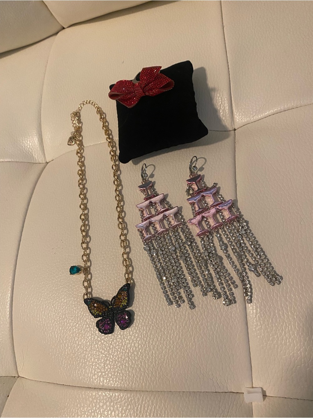 Betsey Johnson Butterfly Necklace, Red Ribbon Ring & Champagne Diamond Earrings